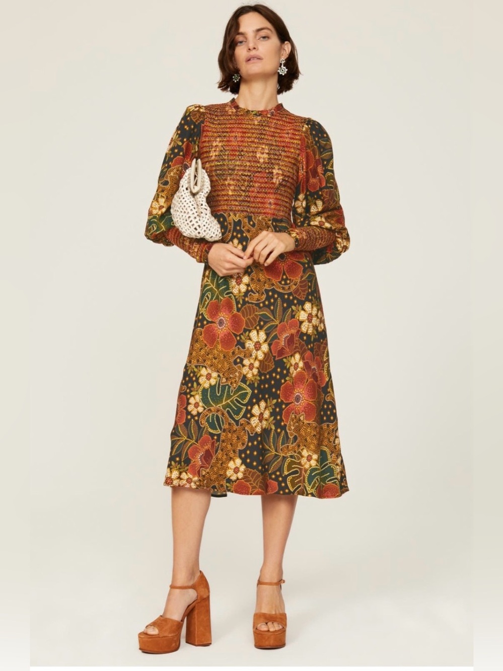 FARM Rio~Flowered Leopards Smocked Midi Dress~Size Small~$265~